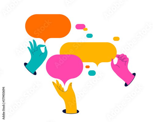 Collection of colorful hands holding speech bubbles. Business, social media, communication theme website concept illustrations