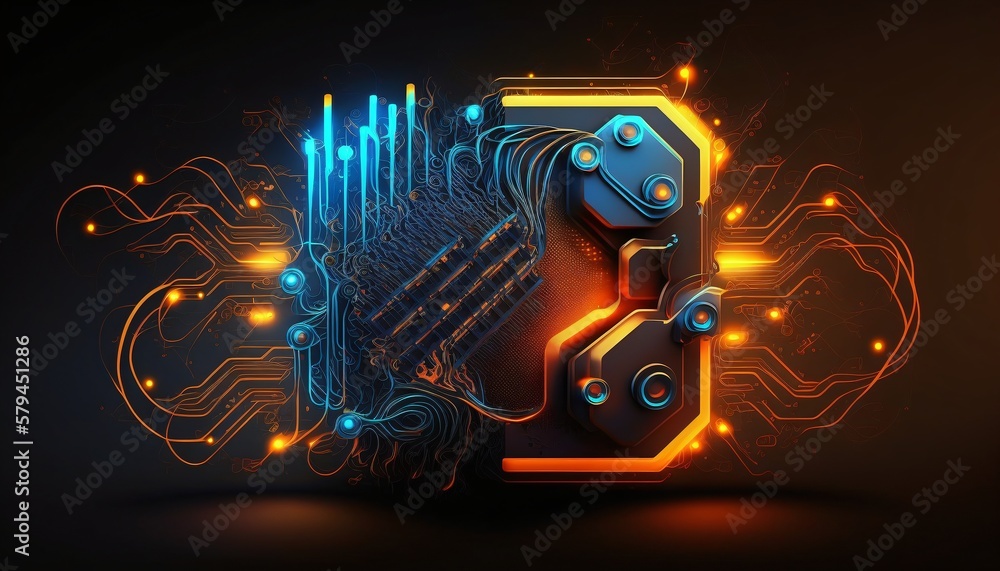 arrière plan, fond graphique abstrait, électronique, informatique, technologique, circuit imprimé, orange et bleu, illustration ia générative.