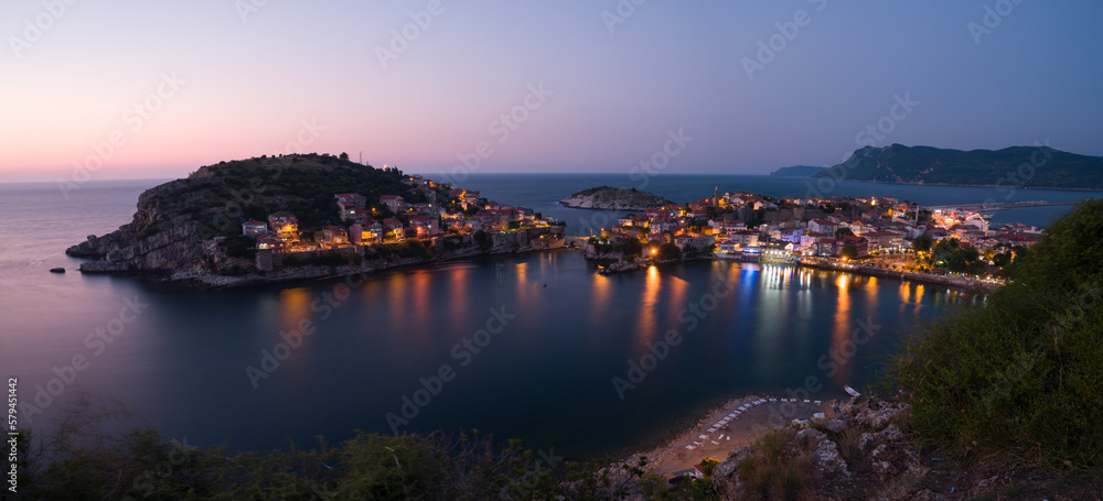 Fantastic view of Amasra city at night. Panoramic view of Amasra on a summer evening. Bartin city - Turkey