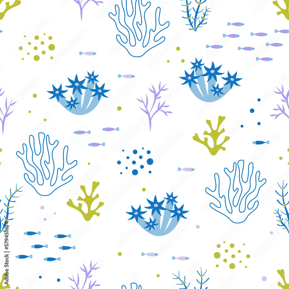 cute seamless pattern with corals and seaweed
