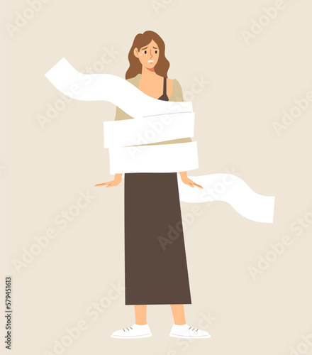 Woman is wrapped with long blank paper that could be urgent works or bill to pay. Concept of burden, duty, overload tasks, obligation. Flat vector illustration character.