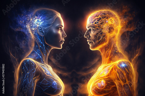 Soul mate reunion. Concept of meditation and spiritual practice for enlightenment, expanding of consciousness, chakras and astral body activation, mystical inspiration image