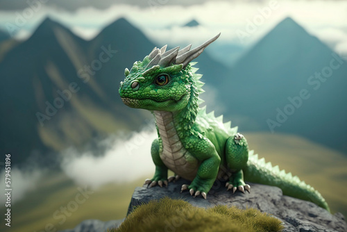 Green dragon on the top of the mountain against the backdrop of blacks and mountains.Generative AI technology.