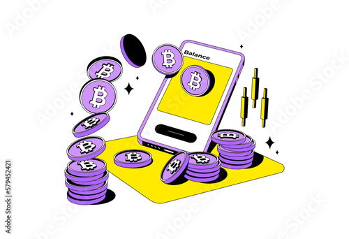 Bitcoin or cryptocurrency trading platform with big profit. Isolated. Trade crypto mobile.Coin transaction illustration in modern style