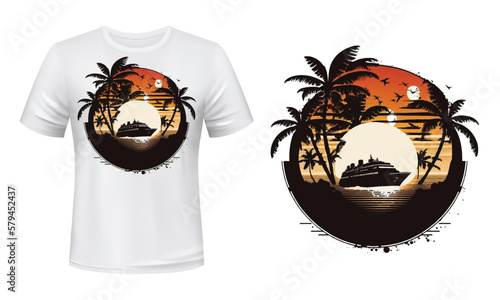 Cruise ship beach sunset white tshirt design vector template