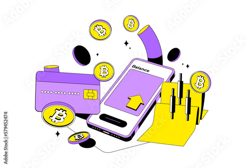 Bitcoin or cryptocurrency trading platform with credit card, candlestick and phone mobile. Trade crypto mobile.Coin transaction illustration in modern style