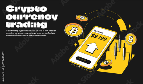 Bitcoin or cryptocurrency trading platform with big profit and candlestick. Crypto mobile.Coin transaction illustration with black and yellow color in modern style