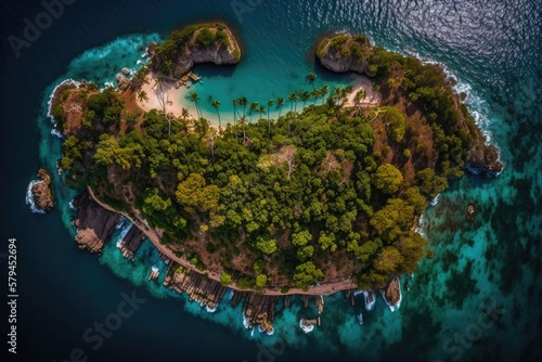 The history of a wonderful vacation. Stunning tropical island of Cayo Levantado, in the Caribbean, as seen from above by a drone. Dominican Republic's Bacardi Island. Generative AI