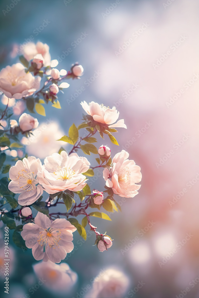 Blooming rose bush. Natural floral spring background. generative ai spring floral wallpaper. Soft selective focus on rose blossoms Blooming rose bush. Natural floral spring background. generative ai spring floral wallpaper. Soft selective focus on rose blossoms