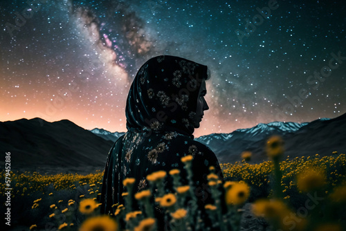 a hijab muslim woman in a flower garden, generative ai