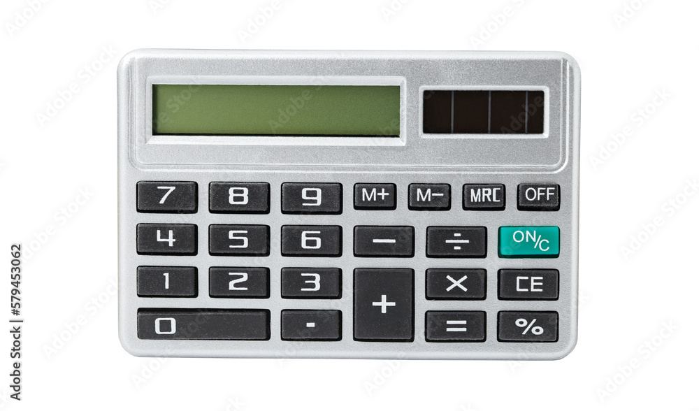Pocket calculator with solar battery, device for financial calculations, isolated on white background with clipping path Pocket calculator with solar battery, device for financial calculations, isolated on white background with clipping path