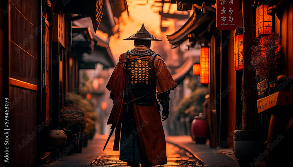 Samurai in a lonely alley - obrazy, fototapety, plakaty 