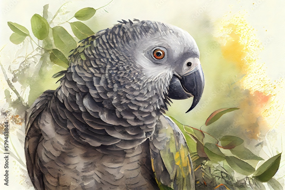 Obraz premium african grey parrot in the jungle watercolor generative ai