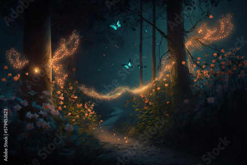 Mystical magical forest at night with glowing lights  generative ai