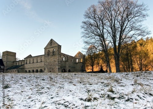 Beautiful view of the ruins of Paulinzella monastery in the winter evening light, Germany photo