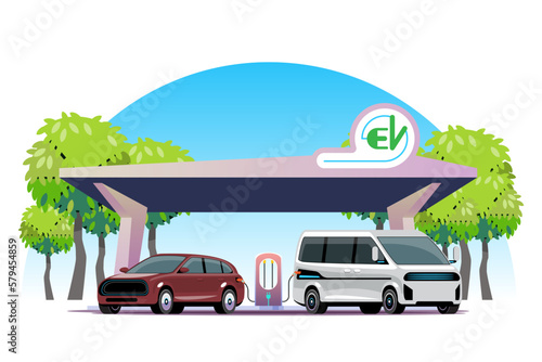 Electromobile charging station. Electric car charging at charger station. Electromobility e-motion concept. green energy concept, vector illustration