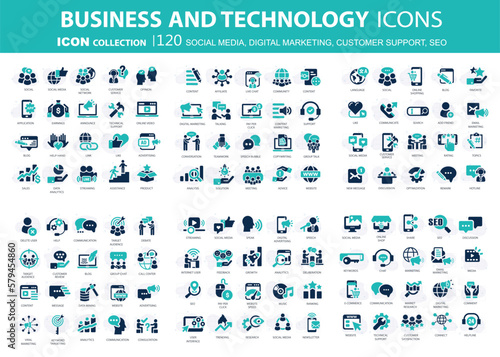 120 Business  data analytics  organization management icons. Social media  digital marketing  customer support and seo icon set. Vector icon collection