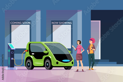 Woman charging electric car while waiting for movie. Electromobility e-motion concept. green energy concept, vector illustration