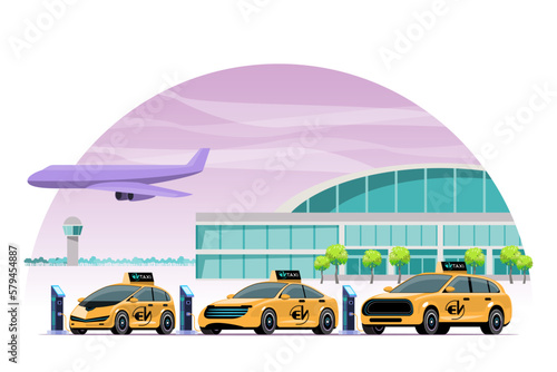 Yellow electric car taxi charging on charger station. Electromobility e-motion concept. Three electric battery chargers. Taxi parked at the airport. Vector illustration