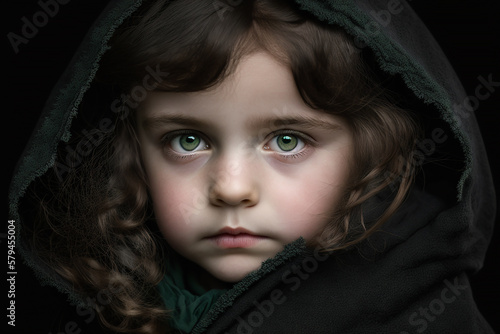 portrait of adorable cute a little girl in a black green hood eyes are green,more with Jewish roots. generative ai.