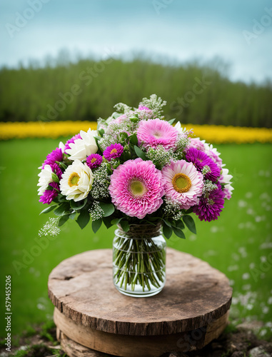 Bouquet of flowers in front of green meadow. Generative AI illustration of a full-length bouquet in a jar.