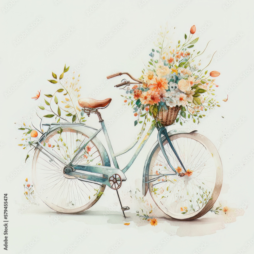Cute Watercolor Bike with Flowers Illustrated Generative AI