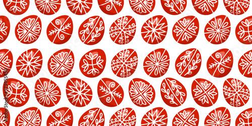 Easter seamless pattern of  ornamental eggs on a transparent  background. Easter holiday background of  red doodle eggs. Ukrainian ornament pysanka