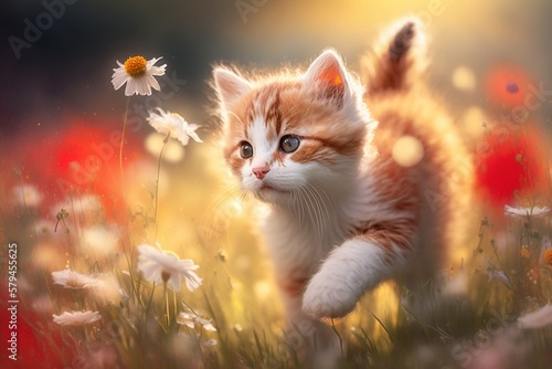 Katze und Blumen auf der Wiese im Gegenlicht, Kitten - Generative AI