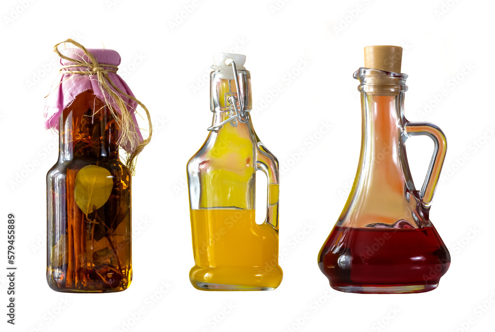 three decorative bottles of different shapes,spices and colored drinks,isolated,culinary background,png three decorative bottles of different shapes,spices and colored drinks,isolated,culinary background,png