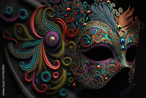 Fantasy Elaborately embroidered carnival festive fabrics with carnival mask, generative ai. © Nokhoog