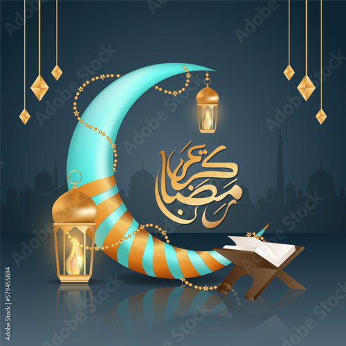 3d modern Islamic holiday banner  template background with beautiful lanterns and crescent