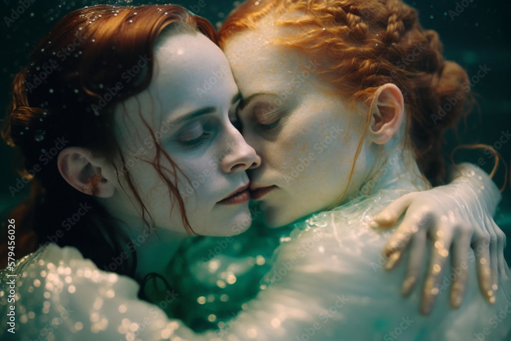 Obraz premium Gorgeous redhead woman and woman hugging and kissing alluringly, frisky, flirtatious in the pool,generative ai.
