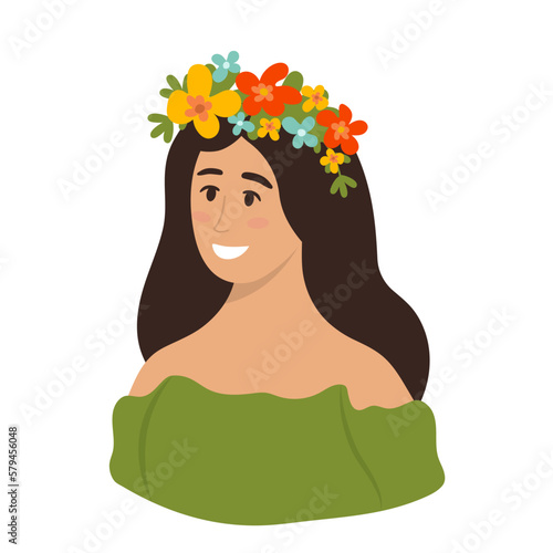 Pretty young girl in a wreath of flowers on a white background. Natural Beauty. Smiling Girl