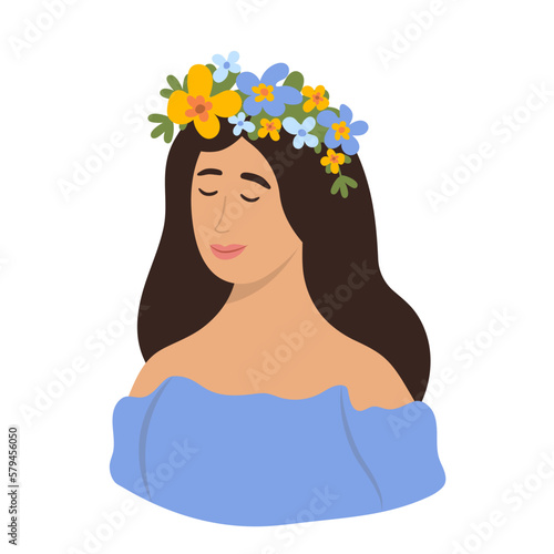 Pretty young girl in a wreath of flowers on a white background. Natural Beauty