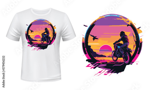 Action shot of a motorbike rider colorful t-shirt vector design template for event