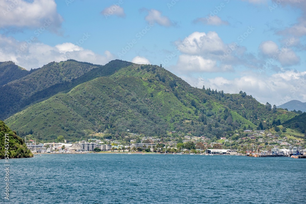 View of Picton town from the Interislander ferry in New Zealand.