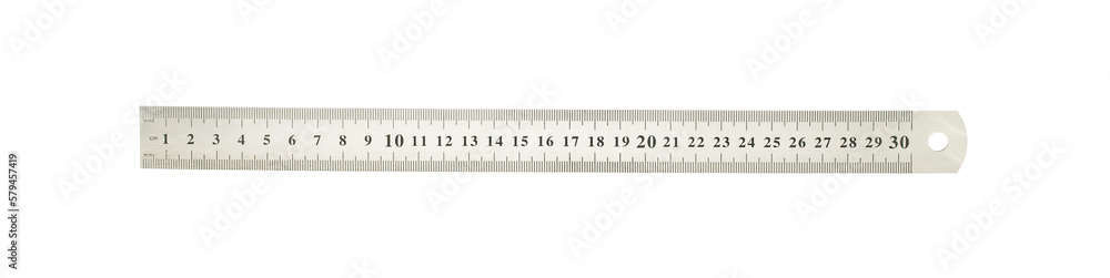 Straightedge, metal with metric divisions of centimeters and millimeters, isolated on white background with clipping path Straightedge, metal with metric divisions of centimeters and millimeters, isolated on white background with clipping path