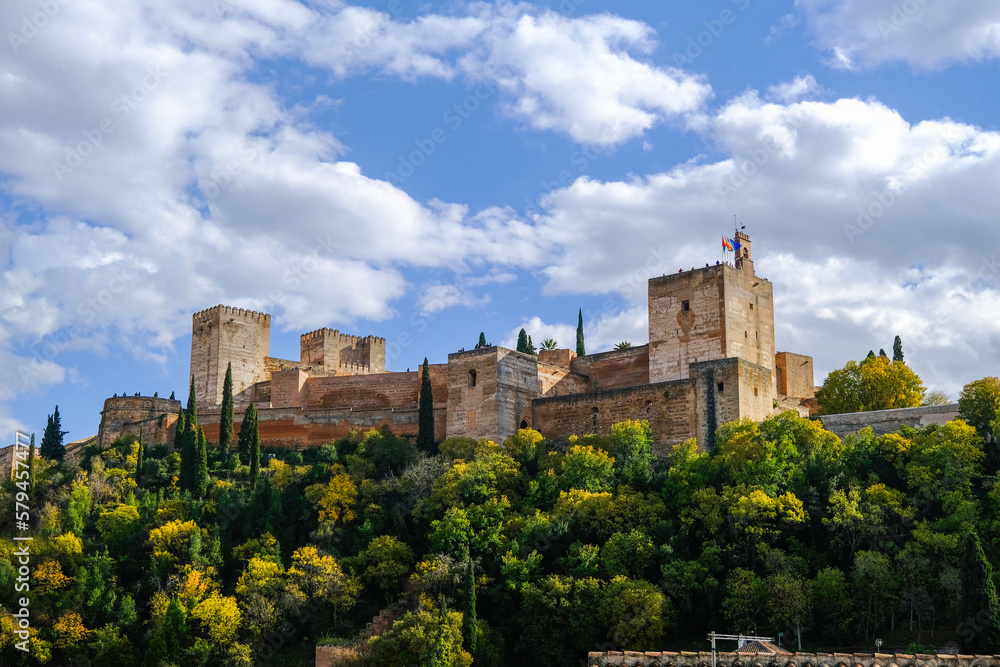 View of the Alhambra Palace in Granada, Spain on a sunny day.
