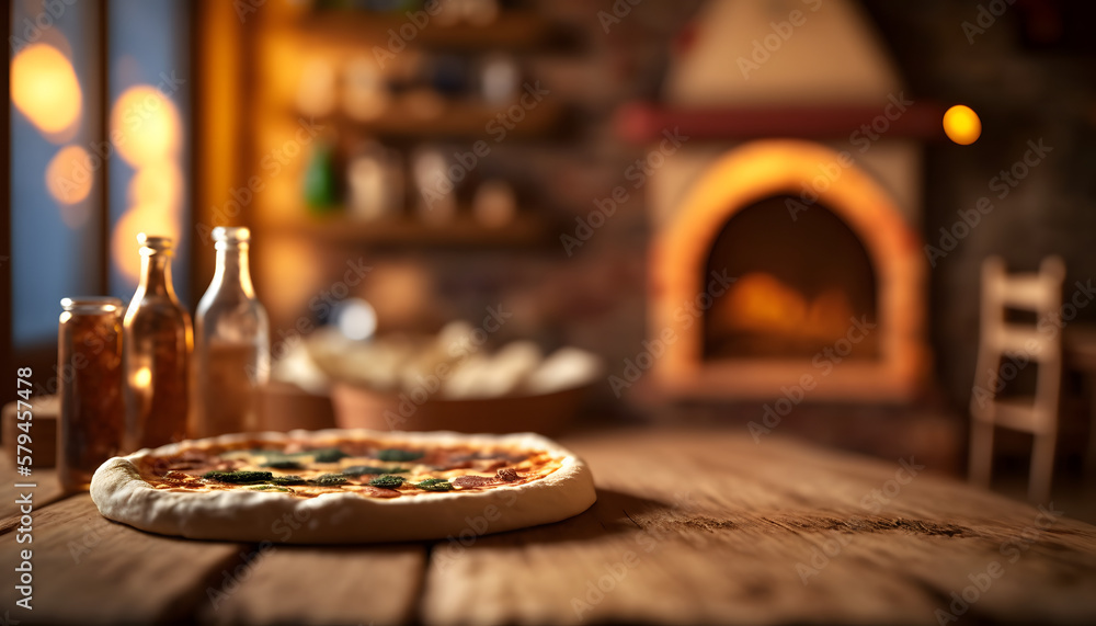 pizzeria background with a table for applying bottle or pizza, snack or drinks, generative ai