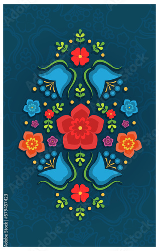 Vector. Tarjeta de arreglo de flores de bordado yucateco. México
