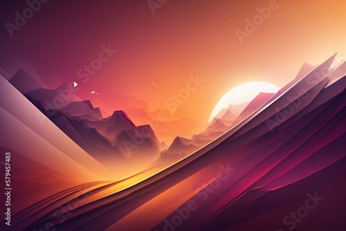Sonne und Berge Polygon Struktur - roter Hintergrund mit Farbe - Generative AI