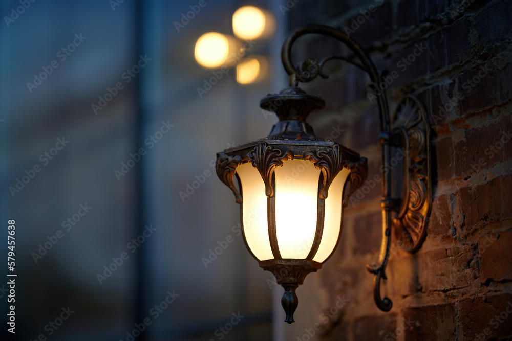 Lantern light on wall of building at night. Vintage european design