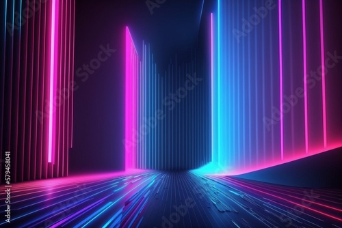 Neon Portal Tunnel Dreick pink blau - Hintergrund schwarz - Generative AI 