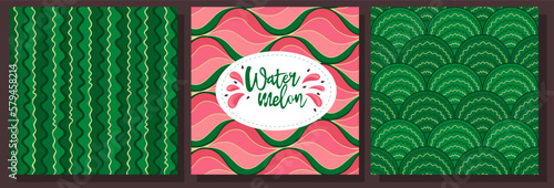 Watermelon patterns with green striped peel and red pulp with black seeds. Fruit  template for summer banner, poster or card. Vector illustration Vector illustration