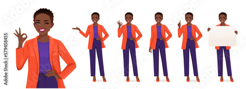 Elegant beautiful business woman in different poses set. Various gestures pointing, showing, standing, holding empty blank board and showing ok sign isolated vector illustration