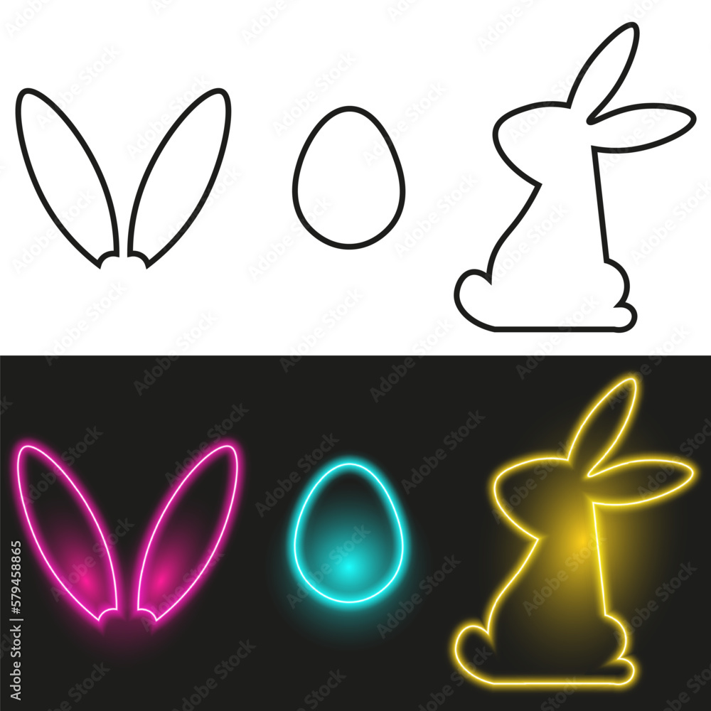 Neon Easter symbols, rabbit ears and egg, isolated outline icons, vector illustration.