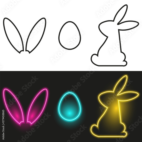 Neon Easter symbols, rabbit ears and egg, isolated outline icons, vector illustration. © Vectorry