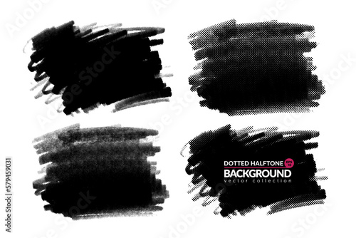 Vector big hand drawn brush strokes with dotted halftone effect. Monochrome design element. One color monochrome artistic hand drawn backgrounds.