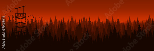 silhouette of pine tree landscape with sunset view flat design vector illustration good for wallpaper design, design template, background template, and tourism design template