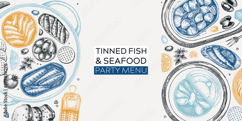 Hand drawn canned fish border design. Vector seafood background in color. Sardines, anchovy, mackerel, tuna, mussels in tin cans, fish canapes, olives, crackers and lemons sketches.